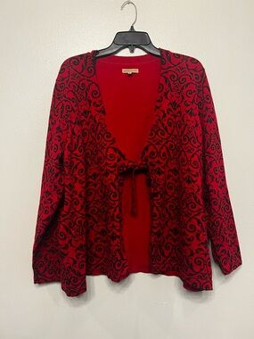 jonathan martin Red and Black Tie-Front Damask Scroll‎ Pattern Cardigan